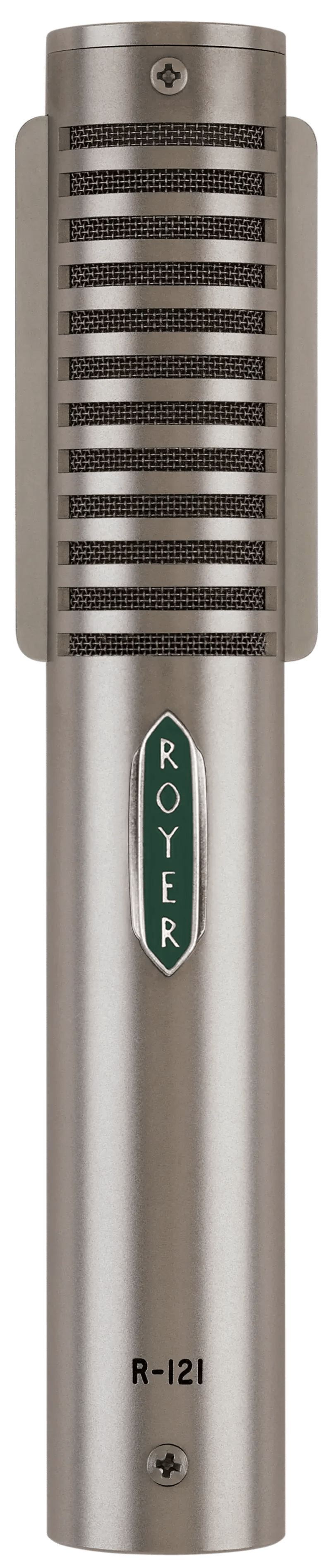 Royer R-121 ribbon microphone, close-up of the ribbon grille and badge