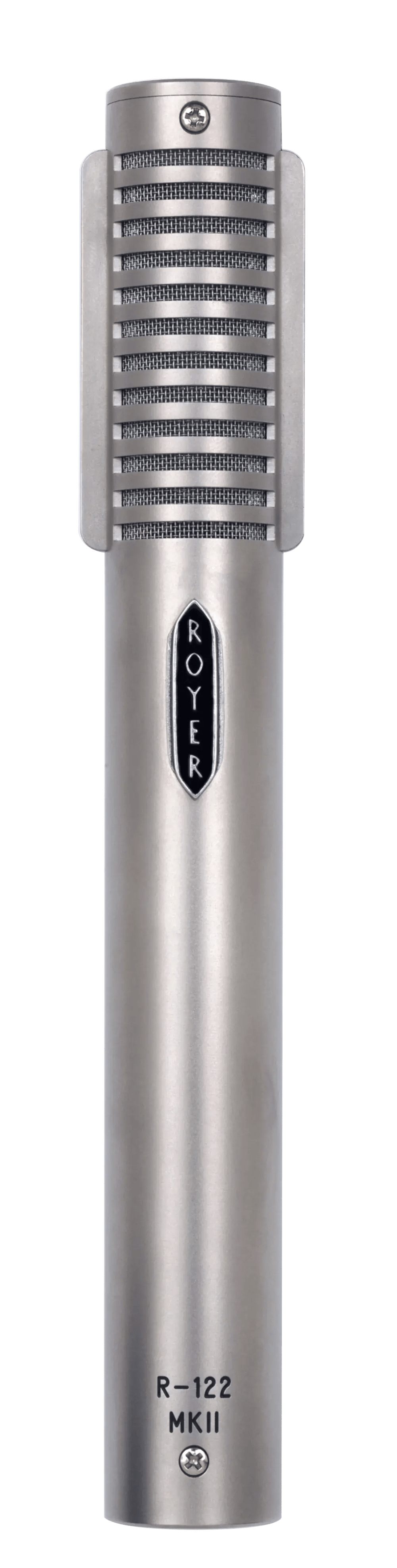 Royer R-122 MKII ribbon microphone, close-up of the ribbon grille and badge