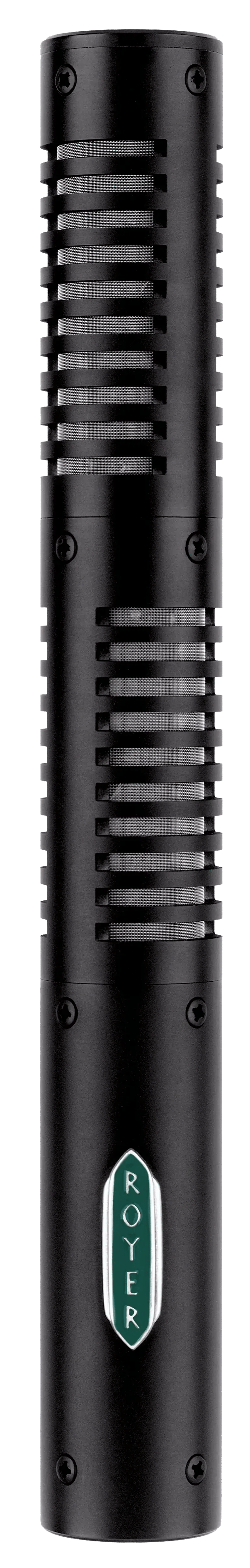 Royer SF-12 ribbon microphone, close-up of the ribbon grille and badge