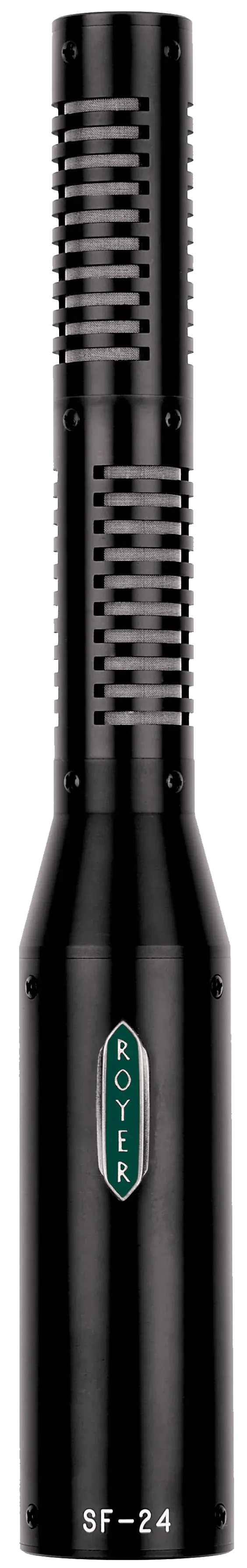 Royer SF-24 ribbon microphone, close-up of the ribbon grille and badge