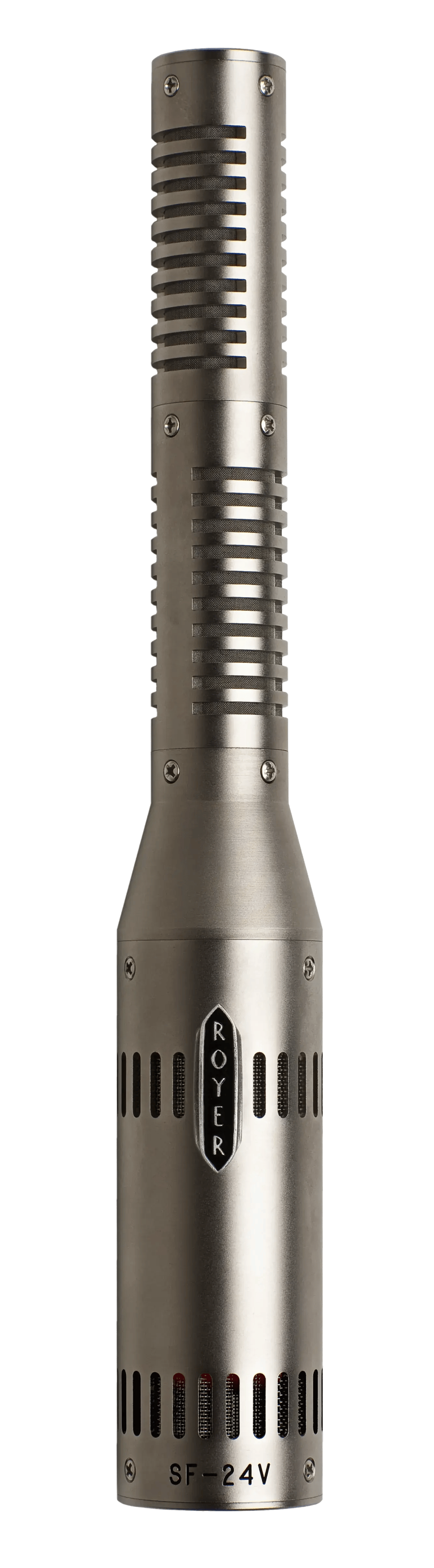 Royer SF-24V ribbon microphone, close-up of the ribbon grille and badge