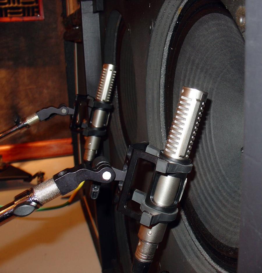 R-121s close-miking a Kings X guitar cabinet