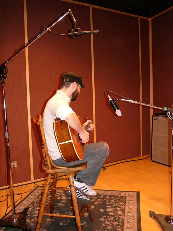 SF-24 overhead setup with a large diaphragm condenser in front of the guitar, alternate view