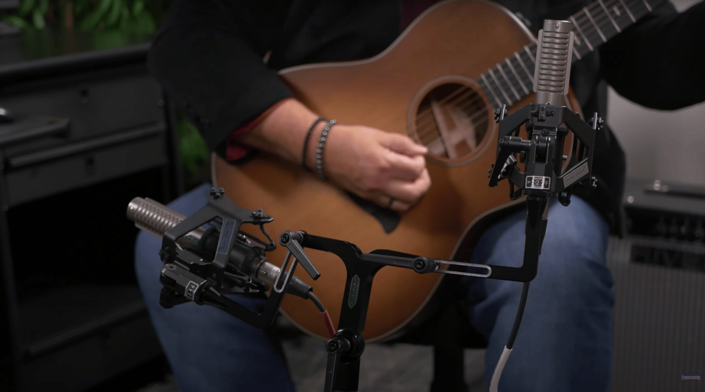 FlexBar holding two microphones on an acoustic guitar