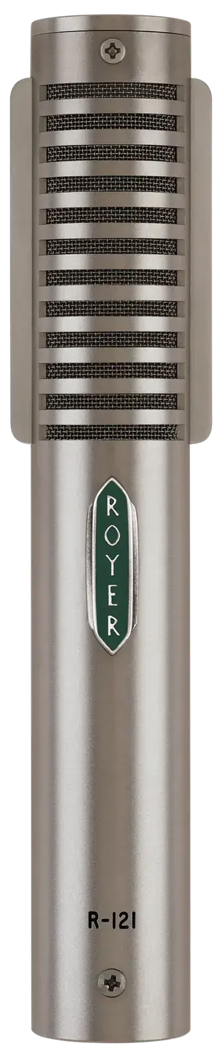 Royer R-121 ribbon microphone, front side with the Royer badge facing the sound source